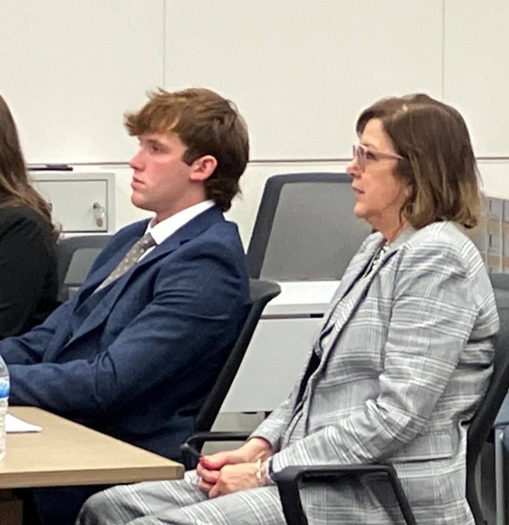 Kiernan Tague, 18, sits next to his lawyer, Gabi Silver, on June 13, 2025 as he awaits to learn his sentencing for killing his friend in a 105 mph crash in Grosse Pointe Farms in 2023.
