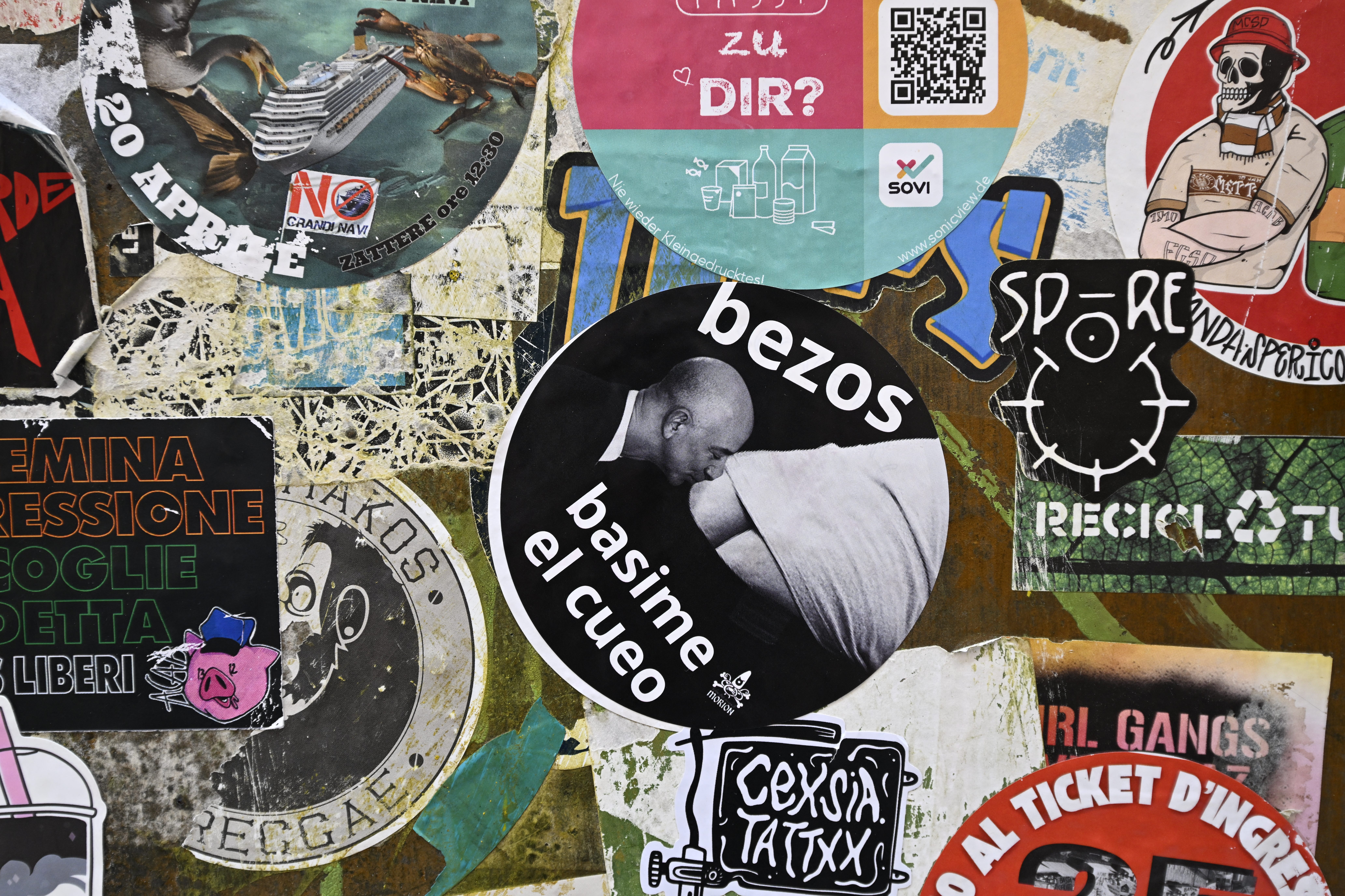 Sticker protesting Bezos