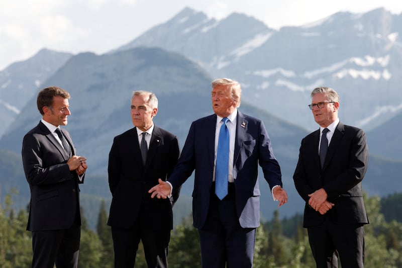 French President Emmanuel Macron, Canada's Prime Minister Mark Carney, U.S. President Donald Trump and British Prime Minister Keir Starmer at the G7.