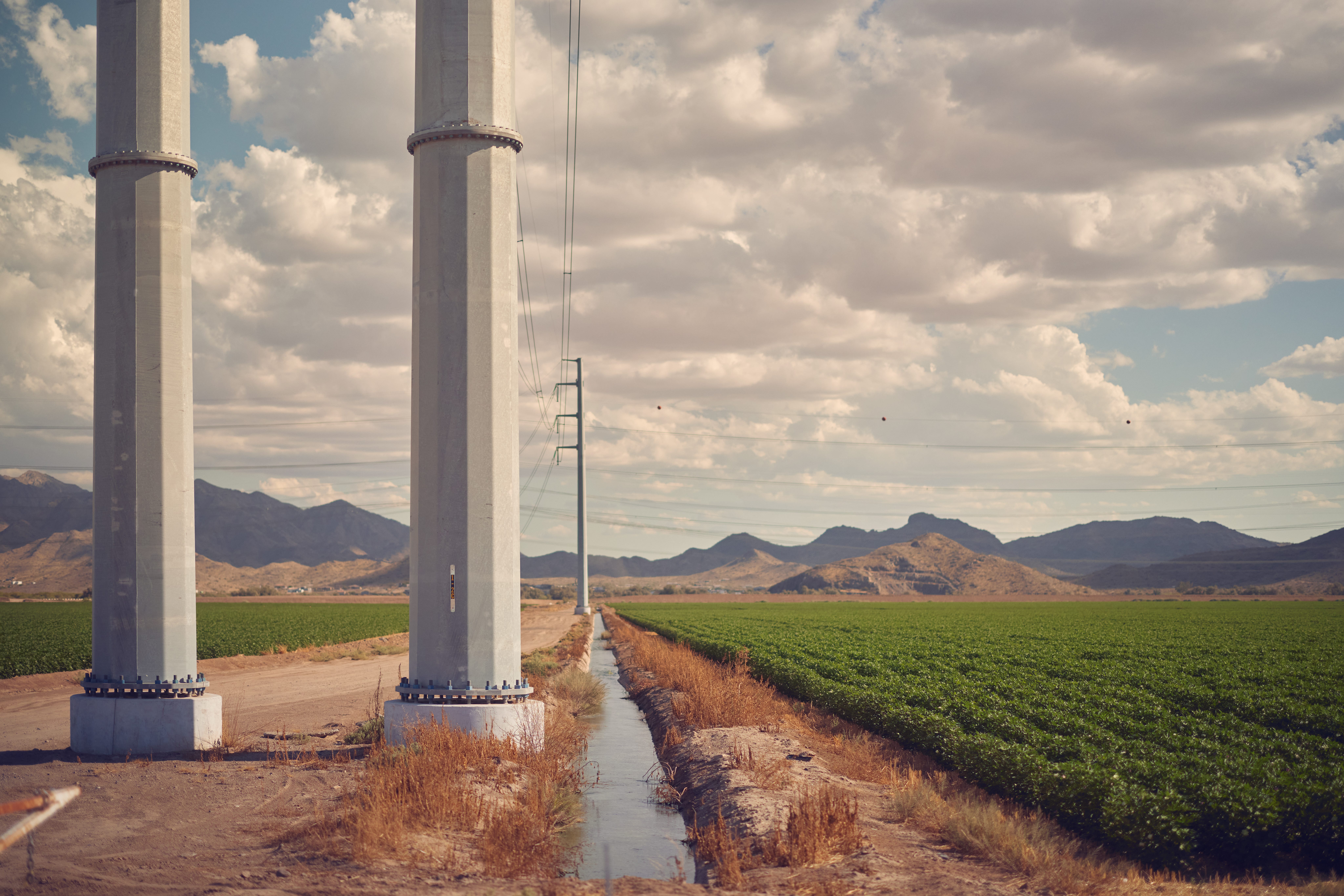 Tall utility pipes stretching through green fields.