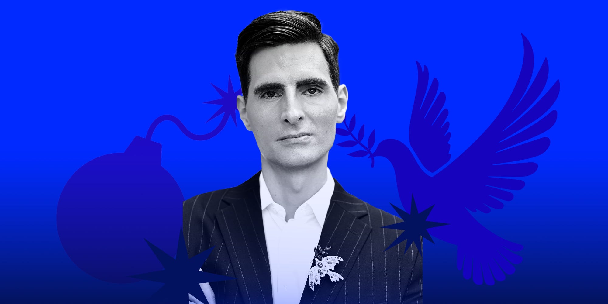Cofounder Arvid Bell on a blue background with the peace dove on his right and a bomb on his left