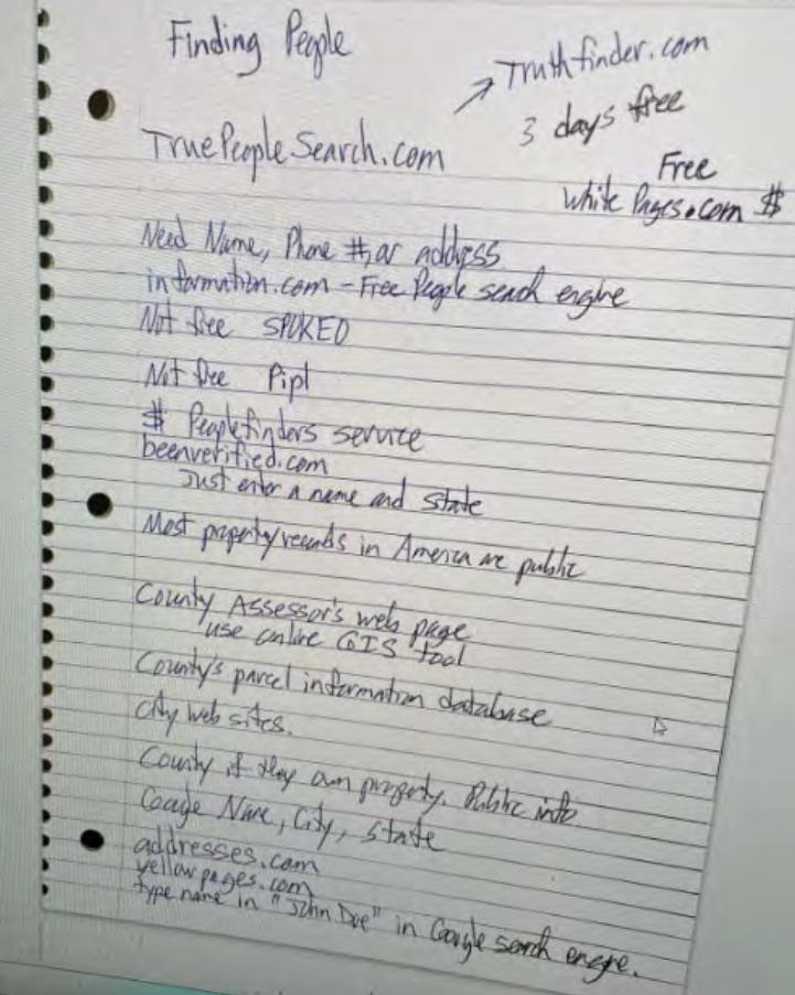 Handwritten notes listing websites for finding people and property information.