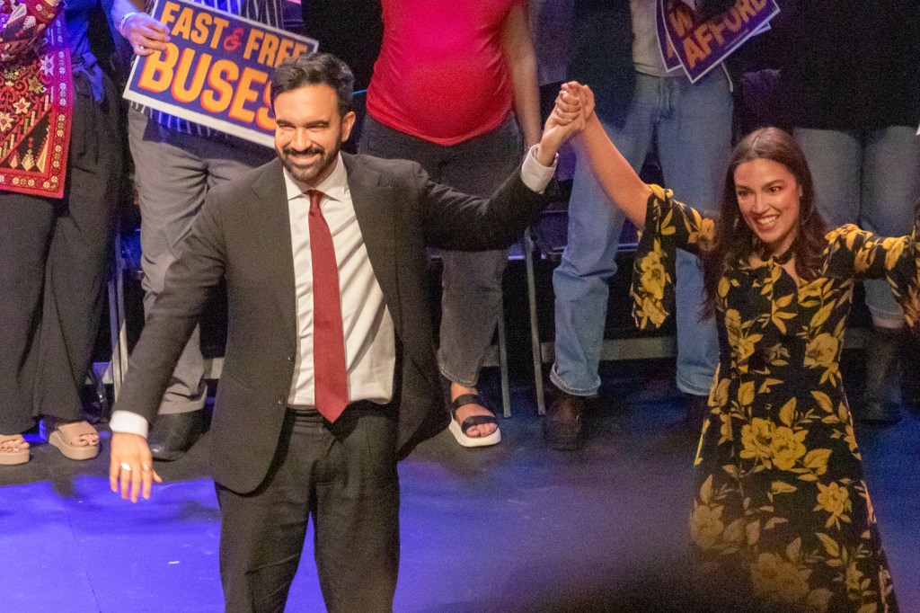 Zohran Mamdani and Alexandria Ocasio-Cortez at a rally.