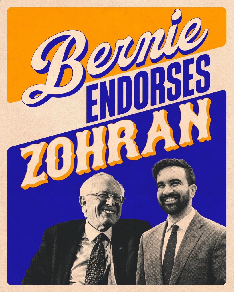 Illustration of Bernie Sanders endorsing Zohran Mandani for NYC mayor.