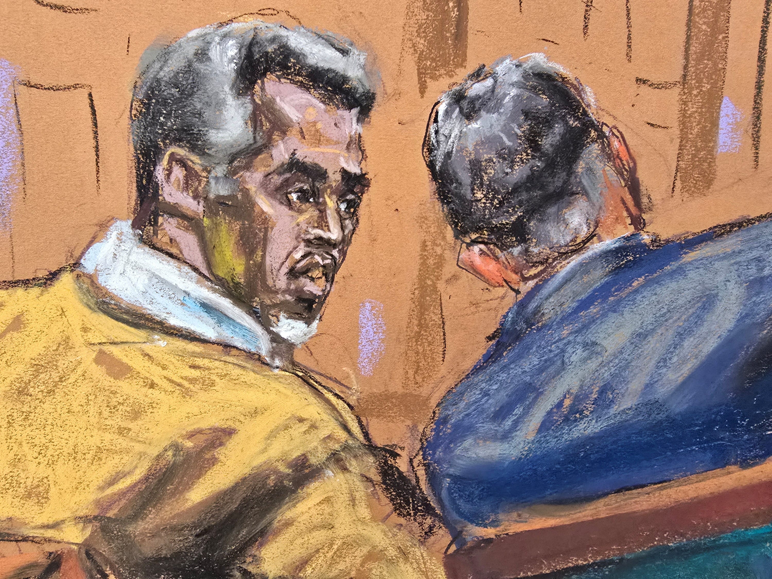 A courtroom sketch of Sean "Diddy" Combs and his defense attorney.