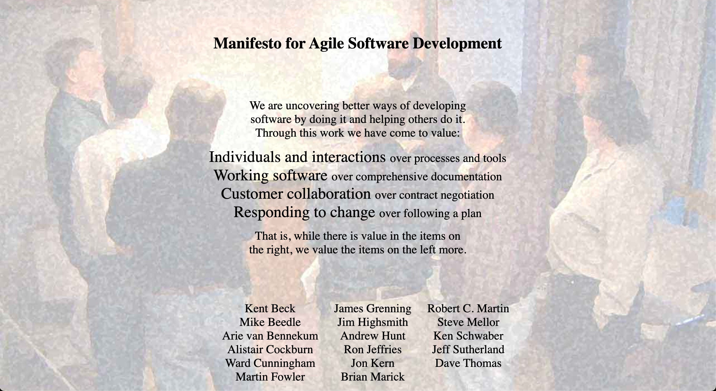 A screenshot of the Agile Manifesto, coauthored by Kent Beck and 16 others in 2001.