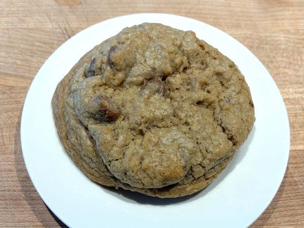 An oatmeal-chocolate-chip cookie on a white plate.