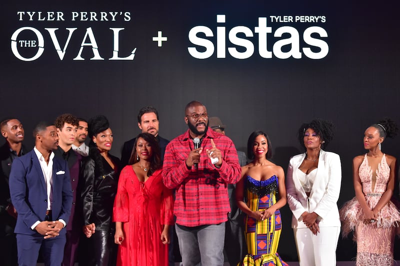 Tyler Perry (C) and Cast of Sistas and The Oval