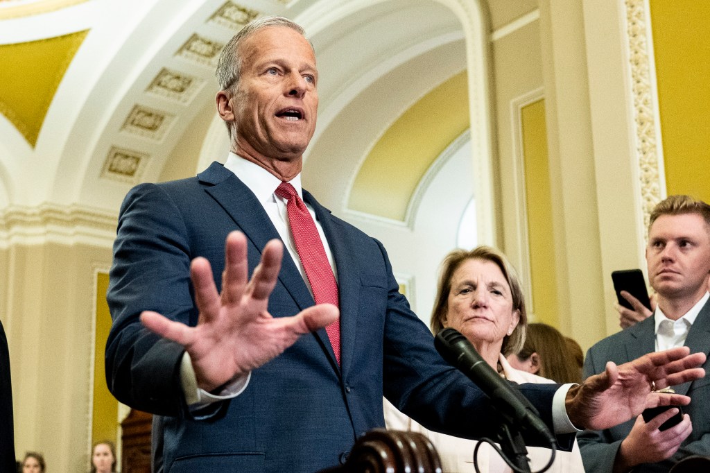 Senator John Thune speaking at a press conference.