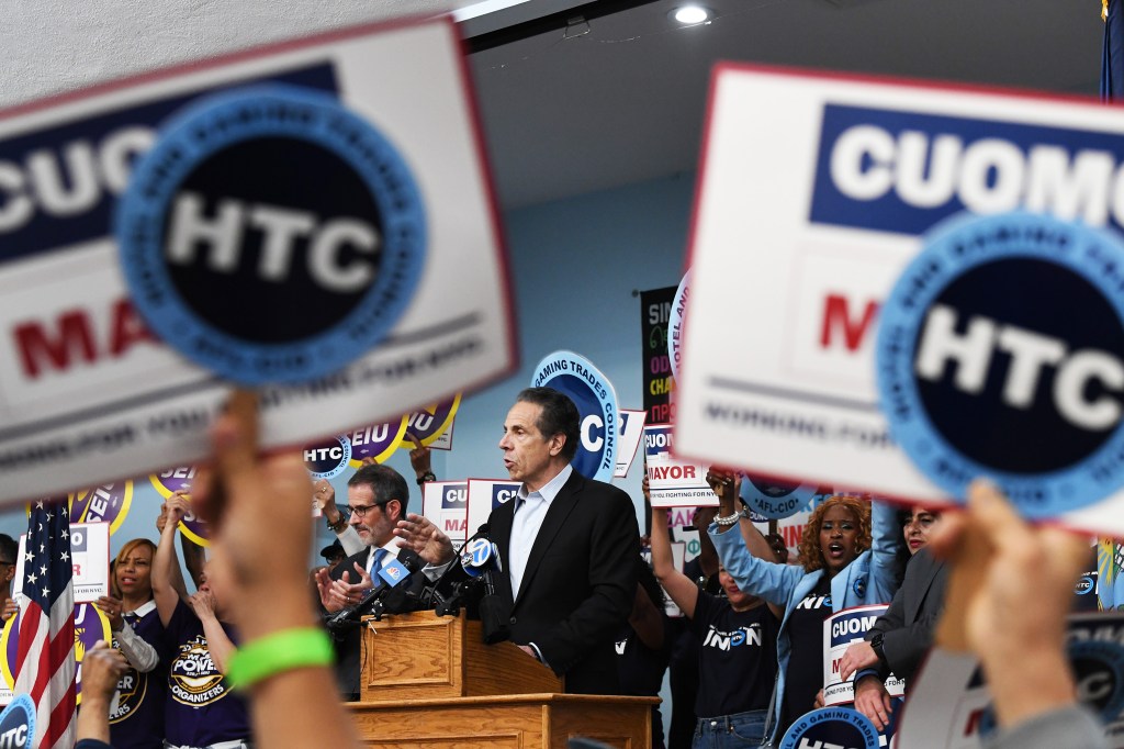 Andrew Cuomo at a press conference endorsed by labor unions.
