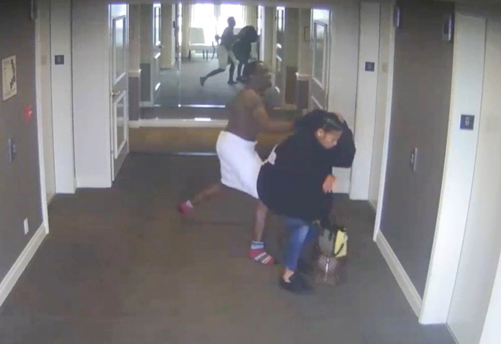 Video surveillance grabs show Cassie Ventura trying to sneak out of the hotel, but Diddy catching up to her in a towel and dragging her down the hallway.