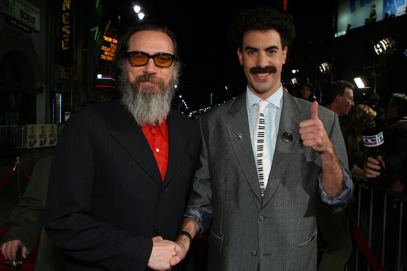 Director Larry Charles and Sacha Baron Cohen as Borat (Photo by E. Charbonneau/WireImage for 20th Century Fox Studios)