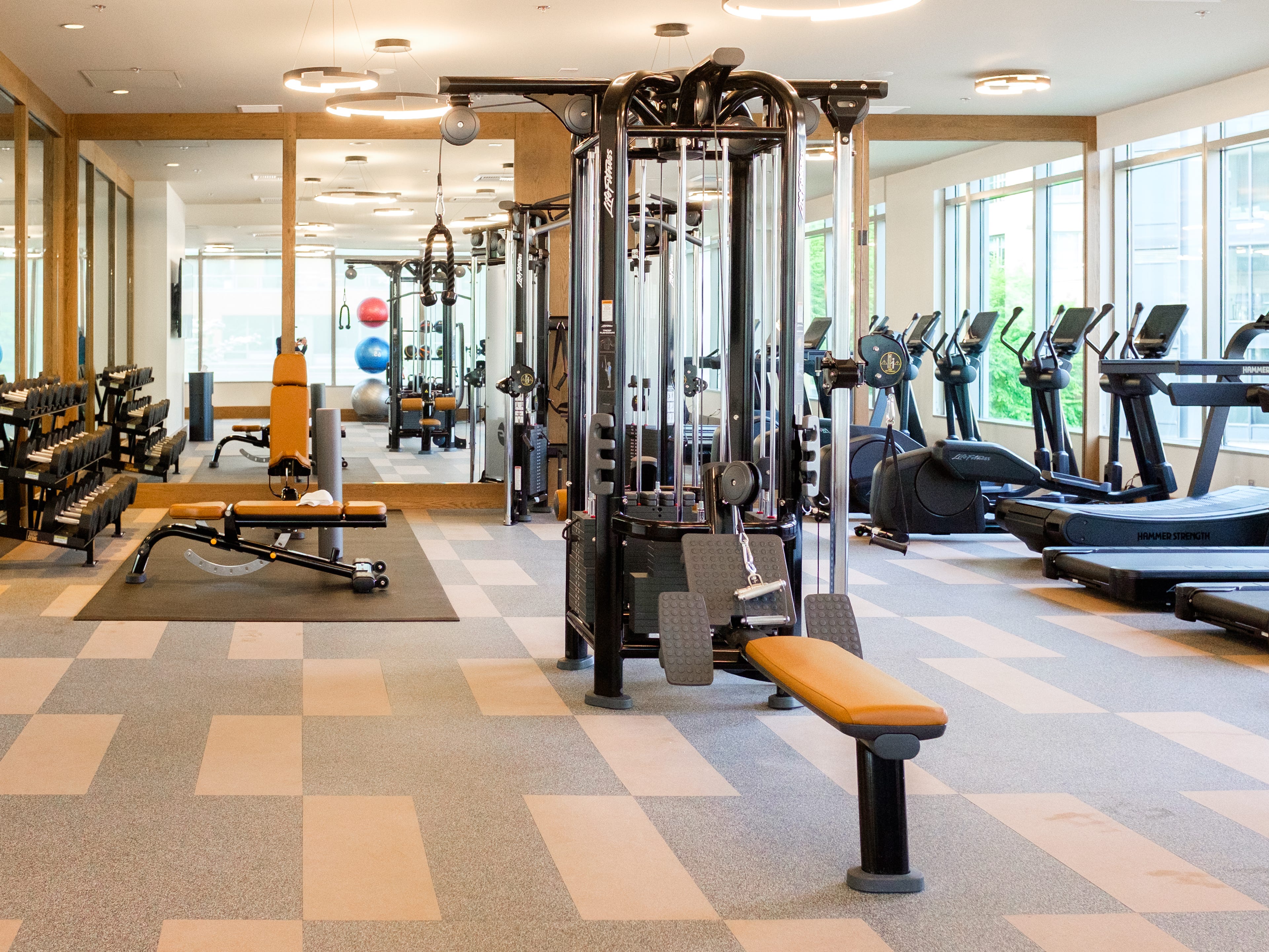 Inside an empty gym with weights on the left and cardio equipment on the right