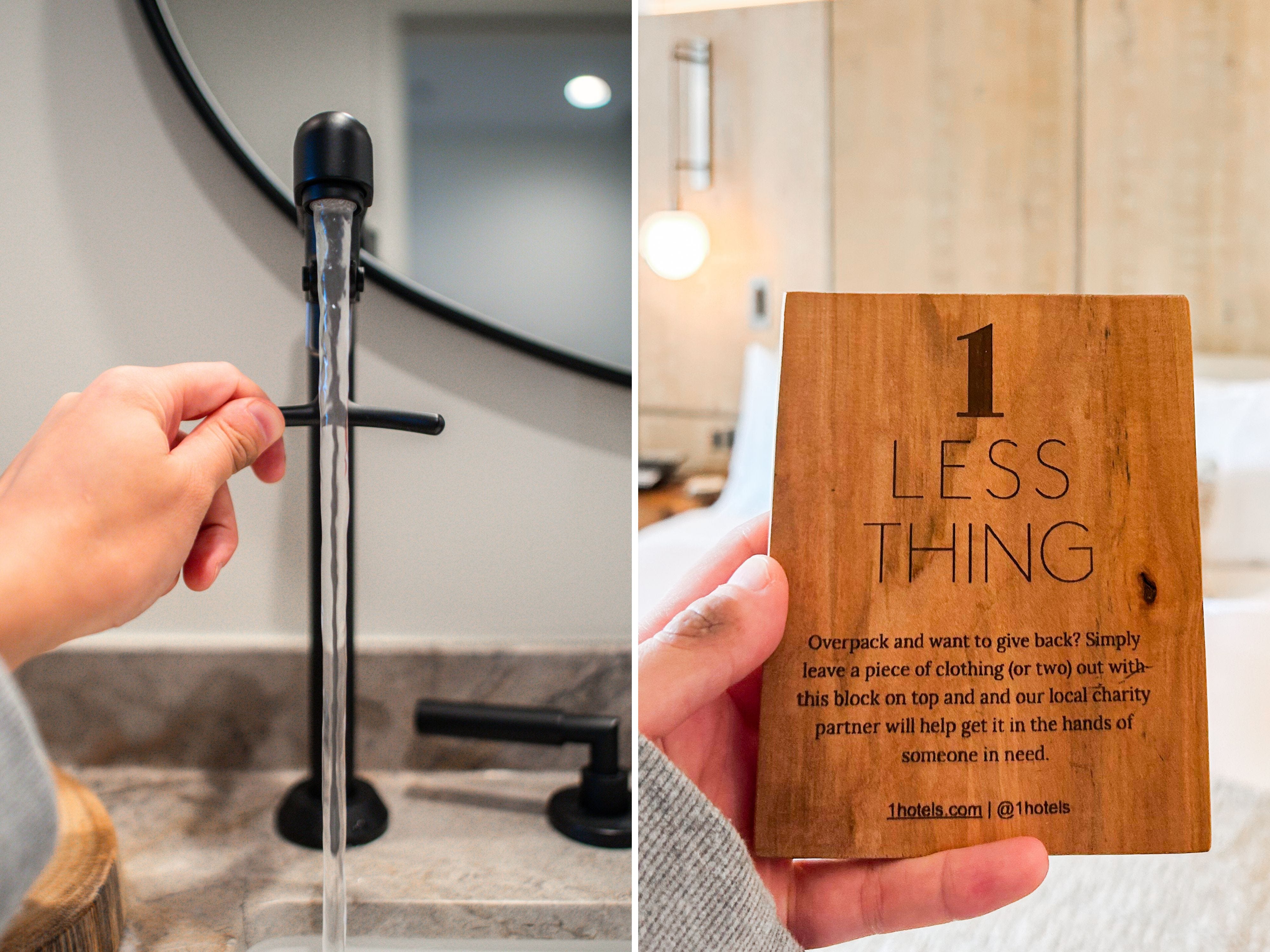 A composite image of a hand turning on a faucet and holding a wood plaque in front of a bed