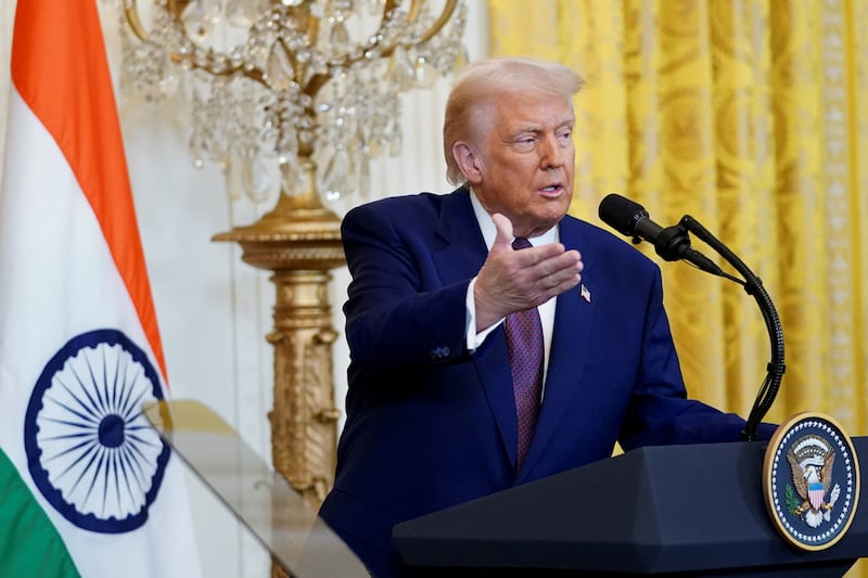 U.S. President Donald Trump speaks during a joint press conference with Indian Prime Minister Narendra Modi at the White House in Washington, D.C., U.S., February 13, 2025.