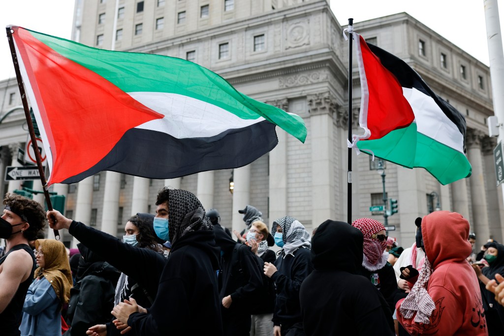 Pro-Palestinian protestors in New York City holding Palestinian flags.