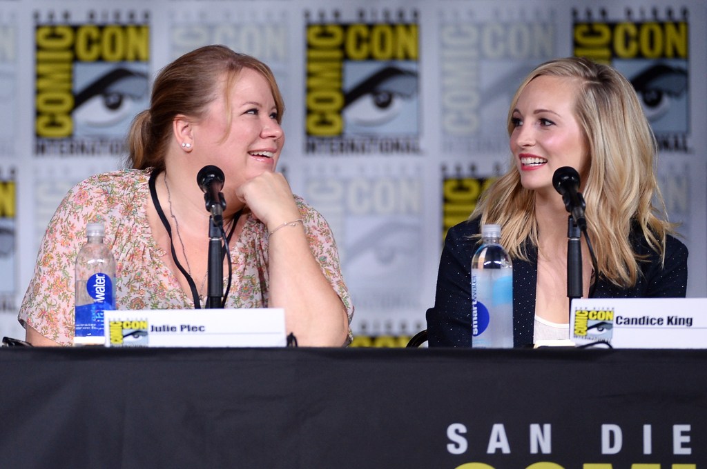 Candice King and Julie Plec during a Comic-Con panel in 2016.