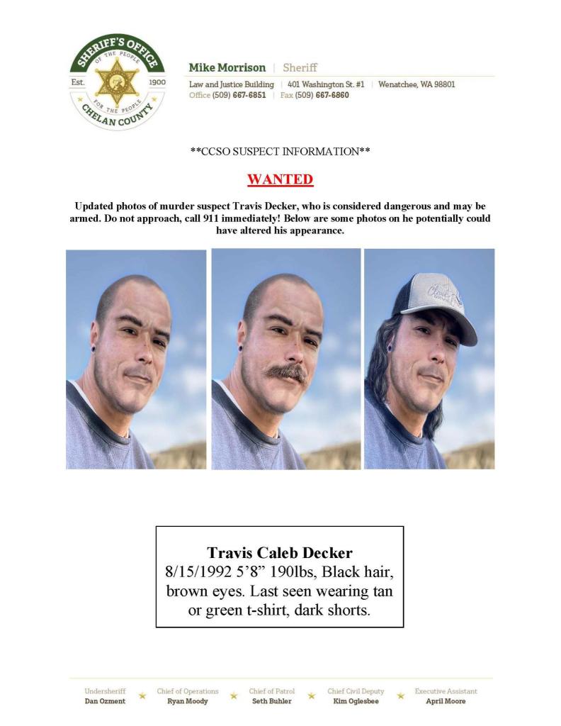 Wanted poster for Travis Caleb Decker, murder suspect.  Includes three photos showing potential appearance changes.