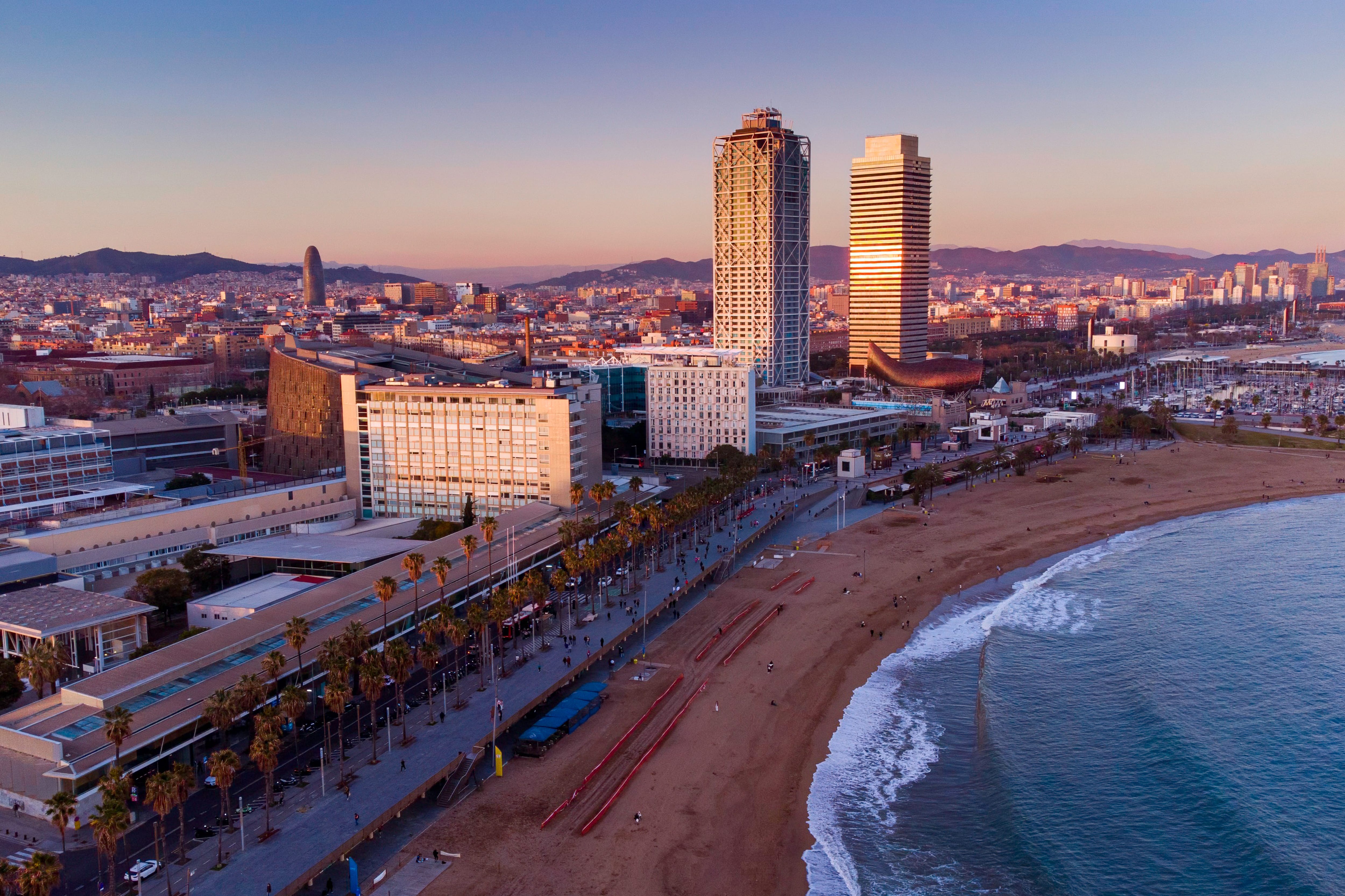 Aerial view of beach with buildings nearby, Barcelona