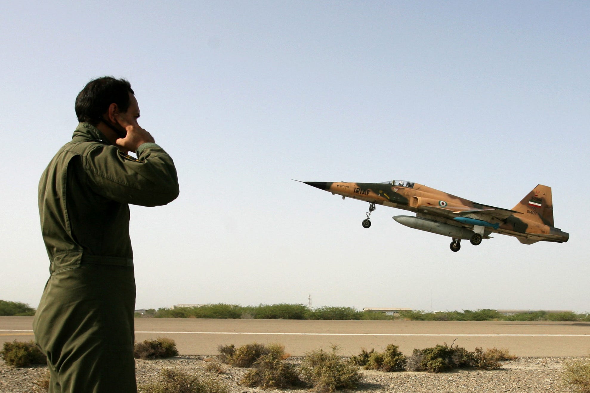 An Iranian F-5 jet fighter takes off in Chabahar city, south of Iran, during a military exercise on June 23, 2009.