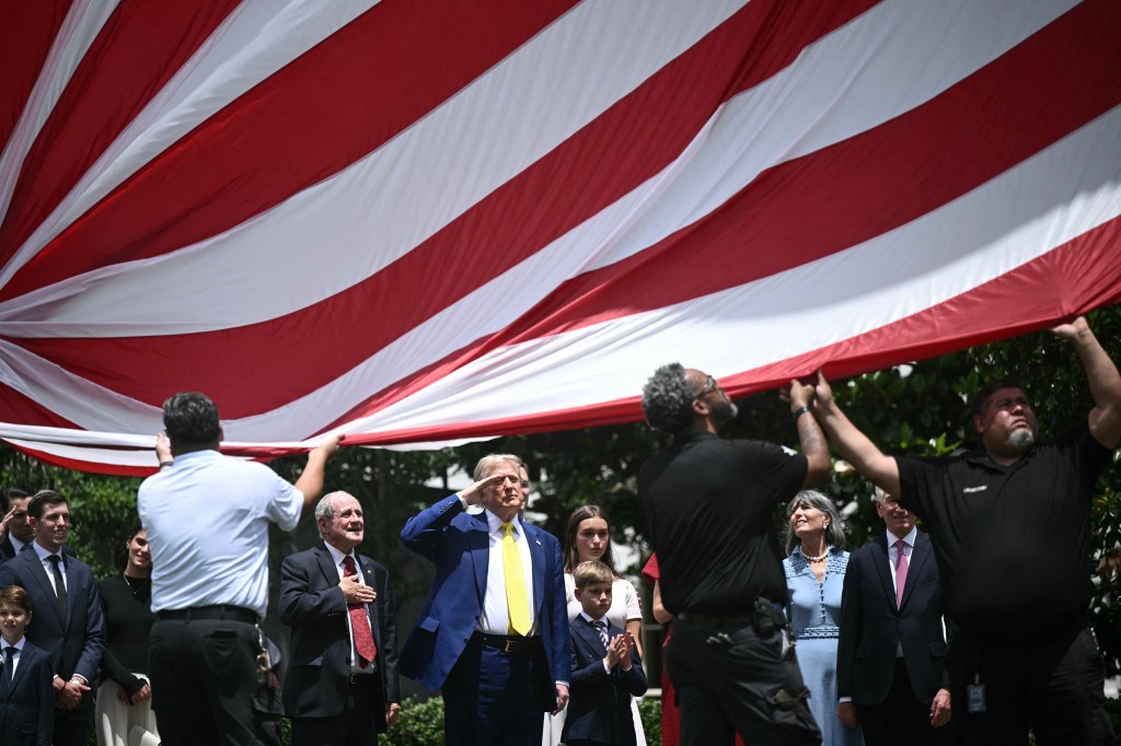 President Trump saluting as a large American flag is raised at the White House.