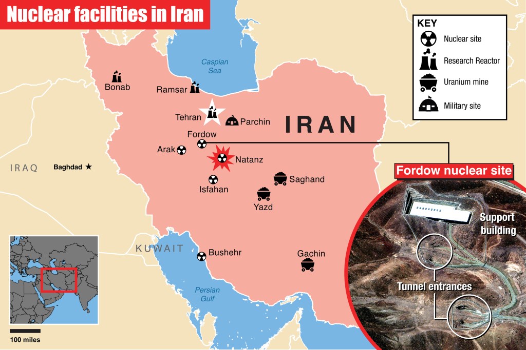 Map of Iran showing nuclear facilities, with inset of Fordow nuclear site.