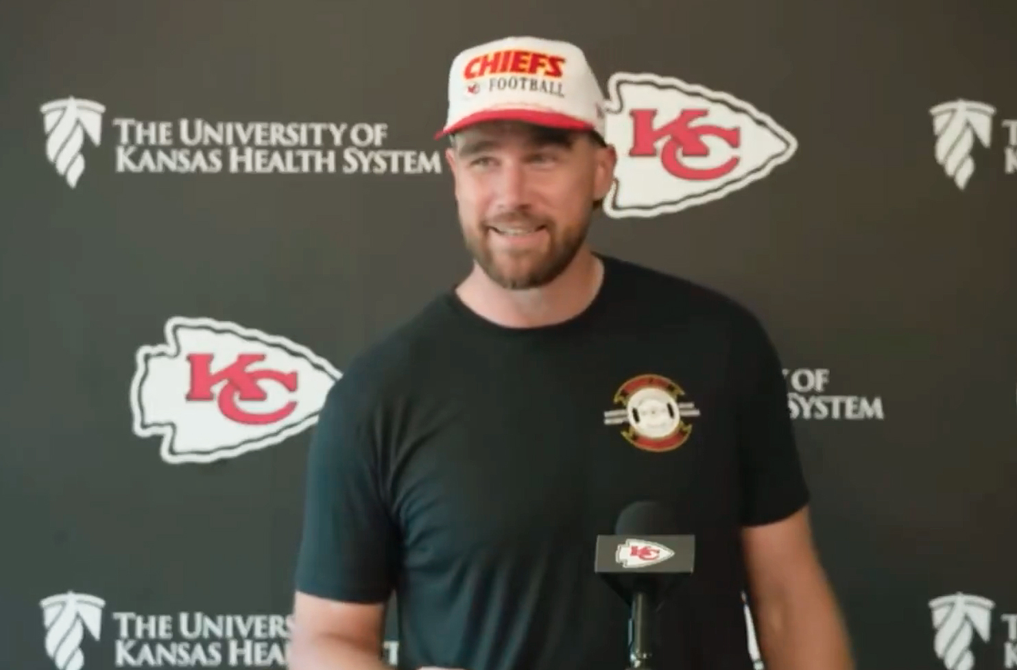 Travis Kelce during a press conference in June 2025