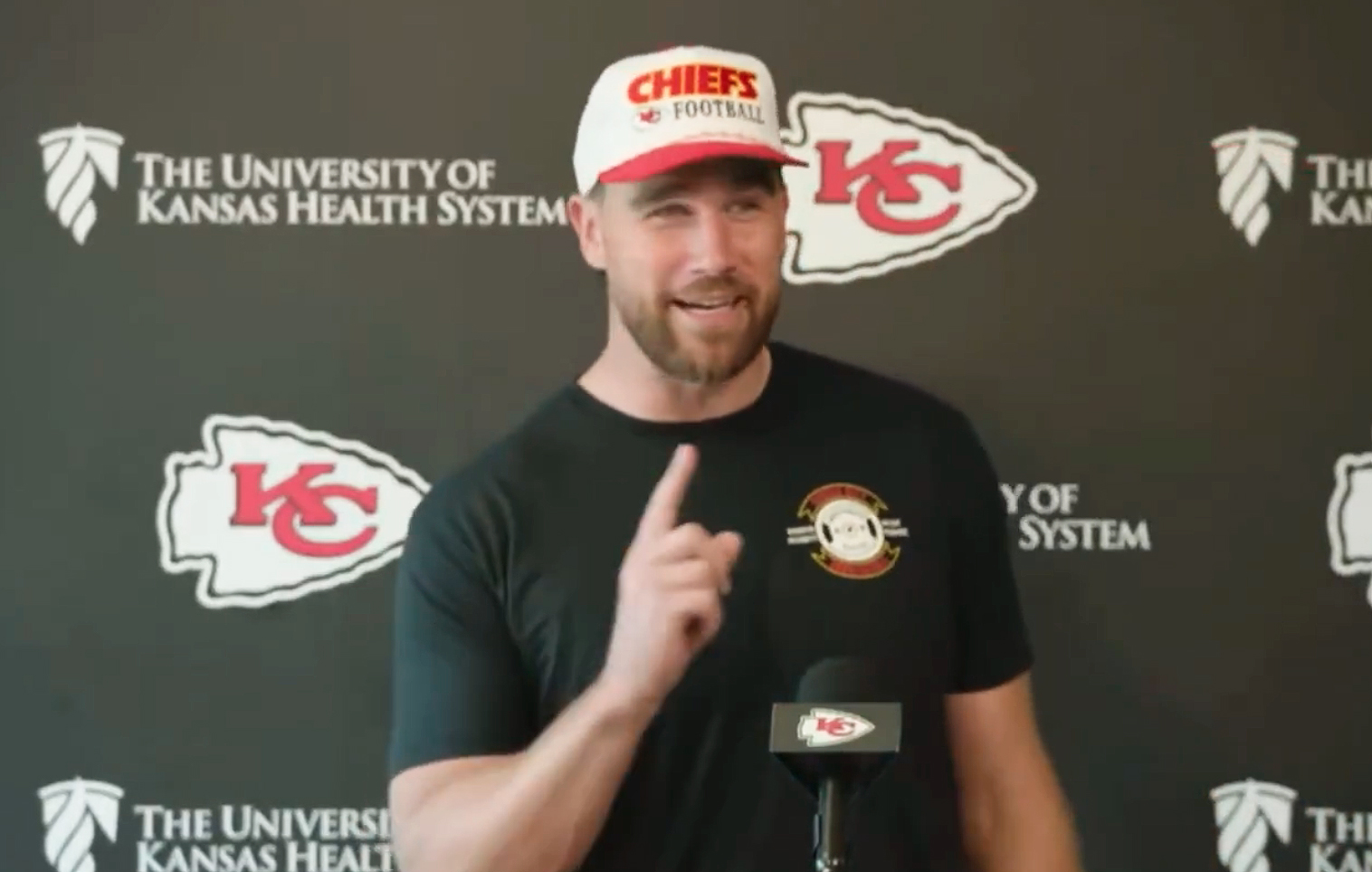 Travis Kelce during a press conference in June 2025