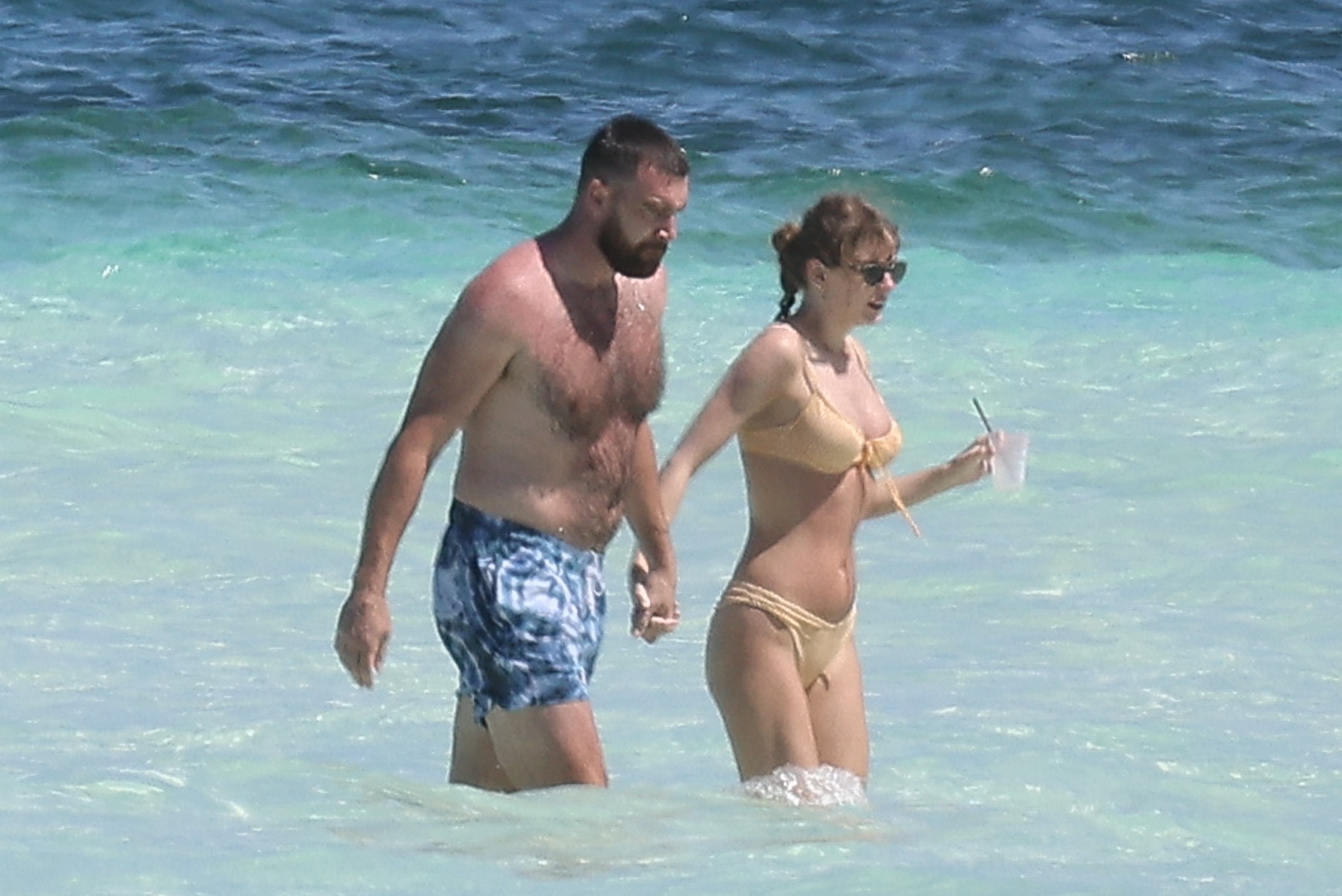 Travis Kelce and Taylor Swift in the Bahamas in March 2024