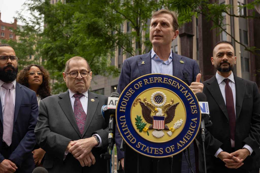 Rep. Jerrold Nadler, D-N.Y., 2nd left, and Rep. Dan Goldman, D-NY., 2nd right, attend a press conference outside the Jacob K. Javits federal building, Wednesday, June 18, 2025, in New York. 
