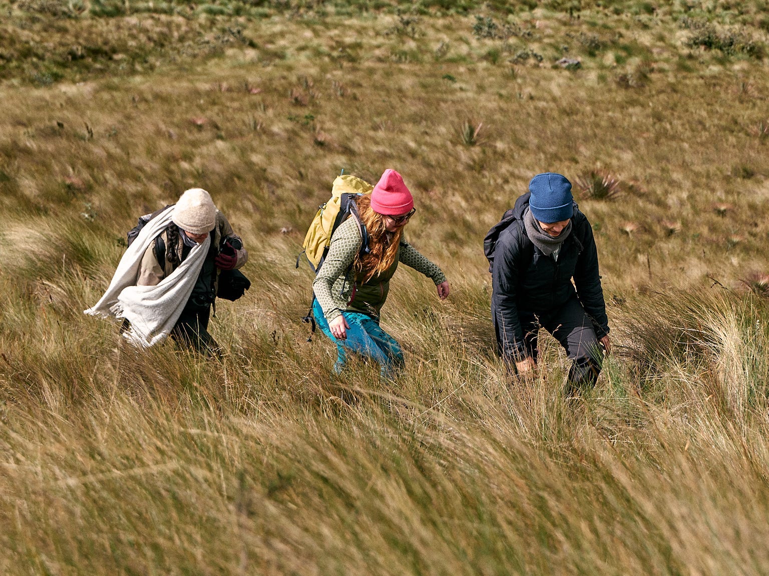 Three people hiking with backpacks in South America.