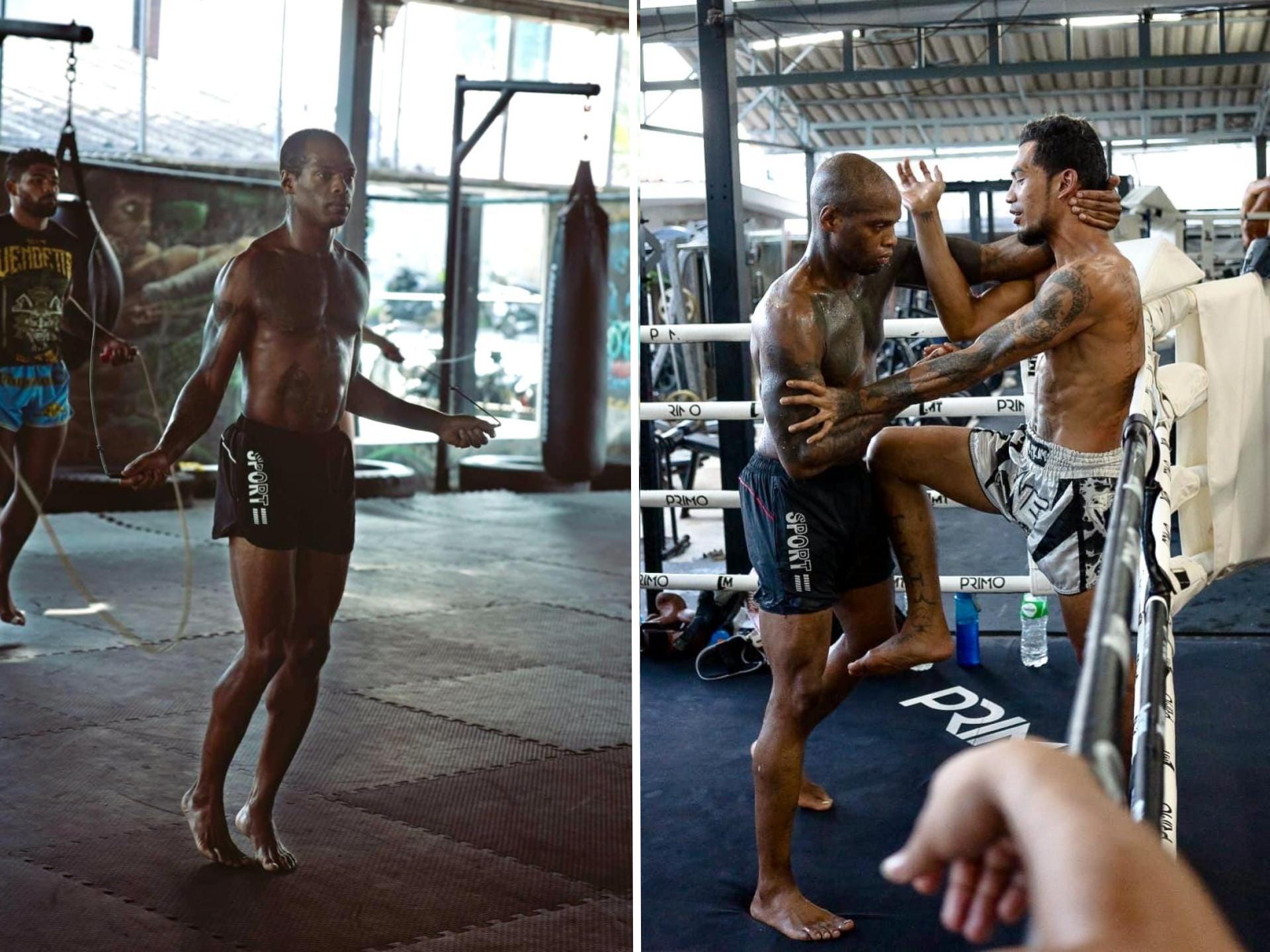 Composite image. On the left is a photo of a man skipping rope and on the right is a photo of two men who are grappling in a Muay Thai ring.