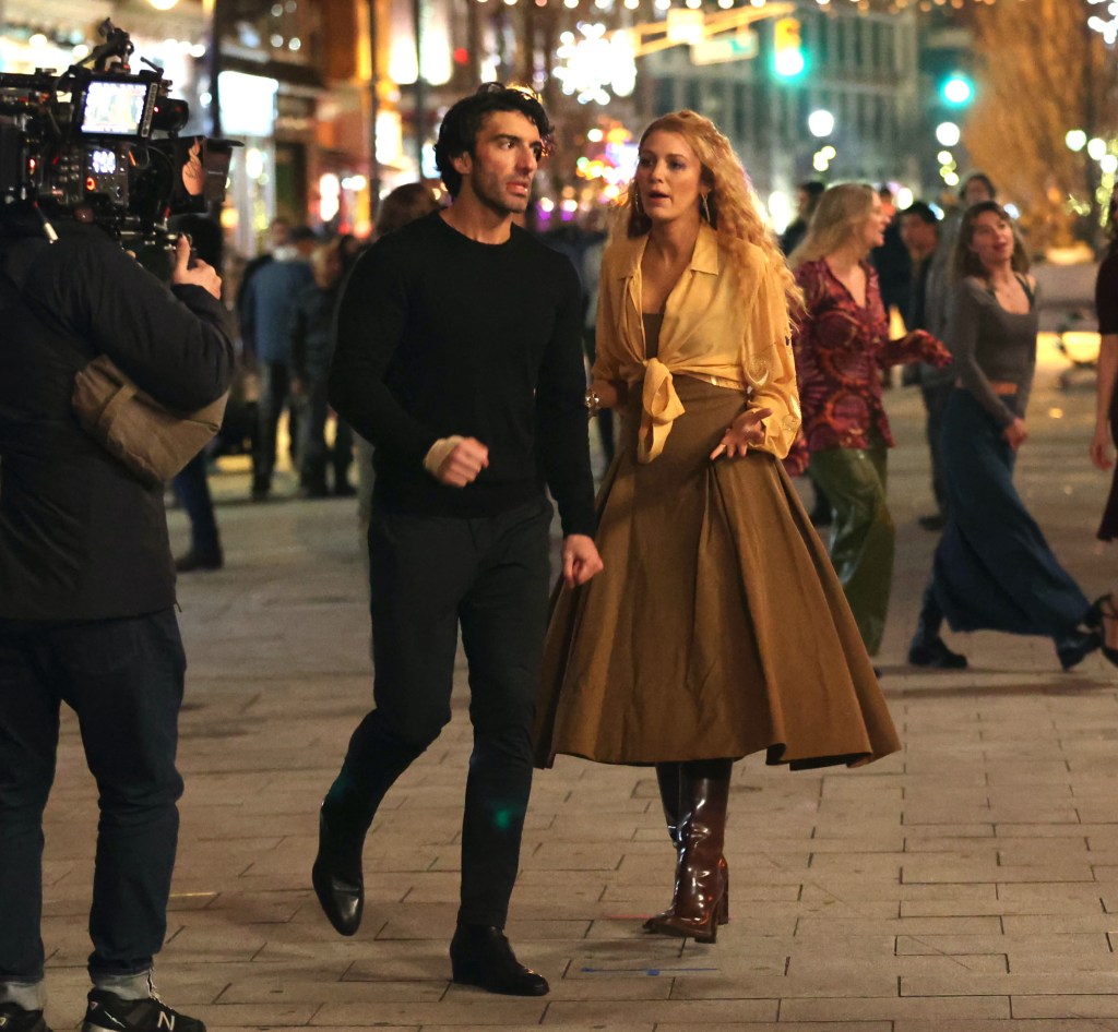 Justin Baldoni and Blake Lively are seen on the set of 'It Ends with Us' on January 12, 2024 in Jersey City, New Jersey.  
