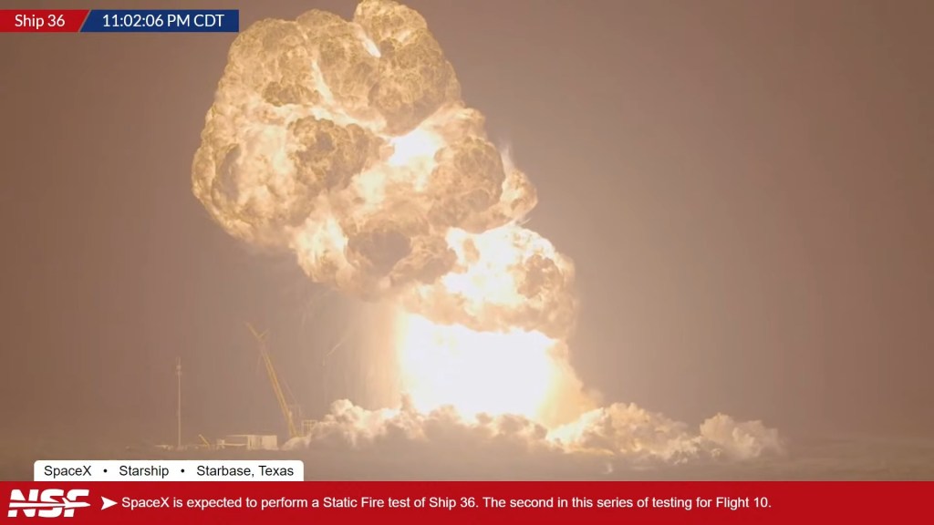 The massive fireball rushes into the night sky near Boca Chica Beach, Texas.