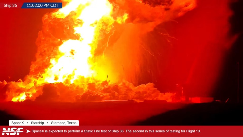 Starship explosion during static fire test at Starbase.