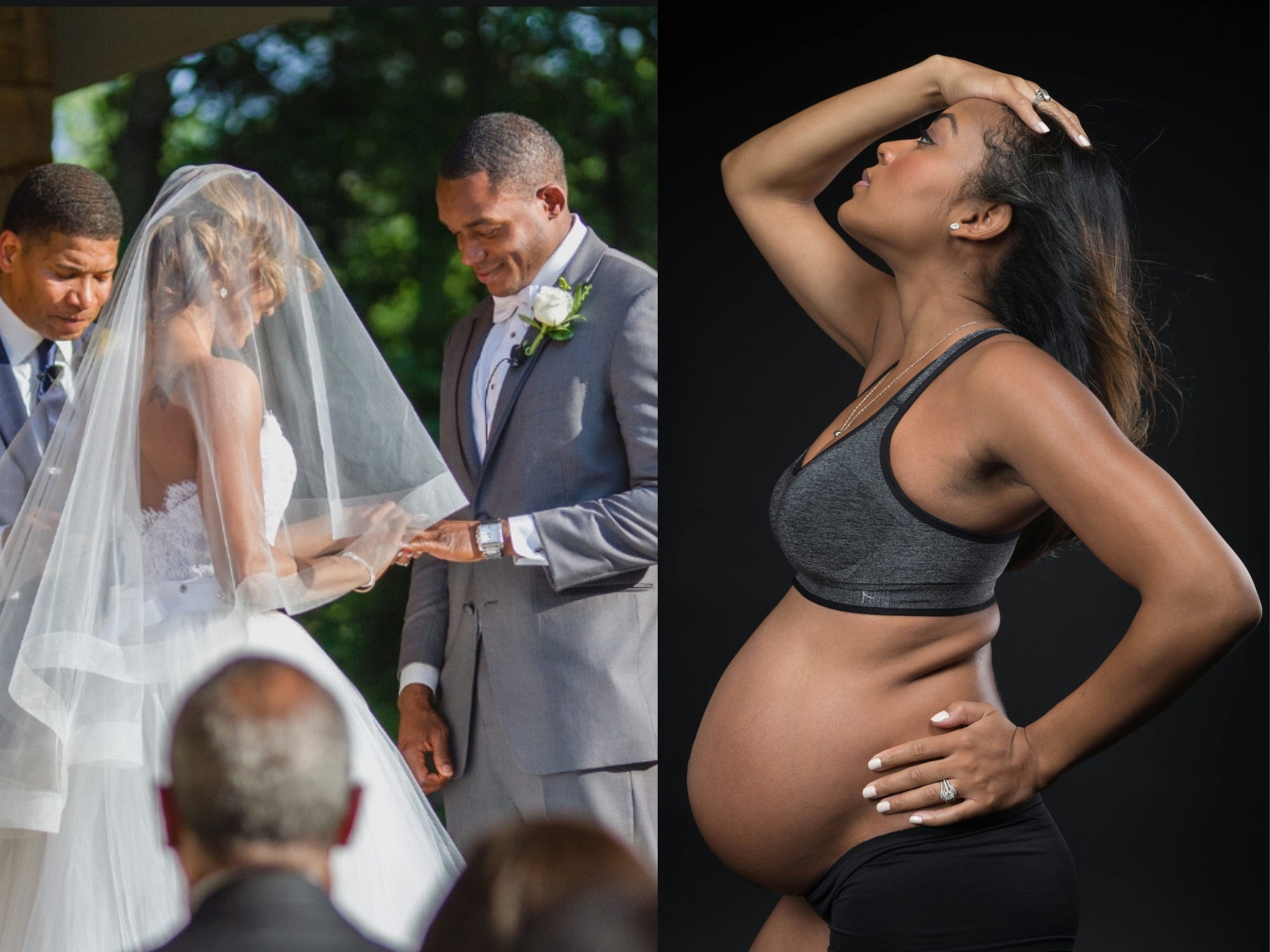 A composite image of Jenna Scott on her wedding day and pregnant with her son, Cameron