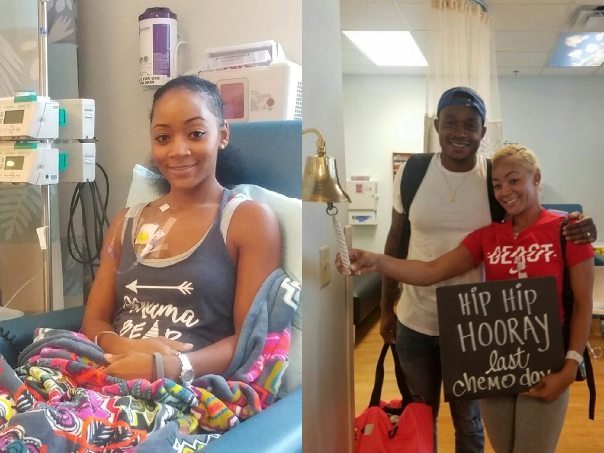 A composite image of Jenna Scott getting chemo and then ringing a bell with her husband after finishing treatment.