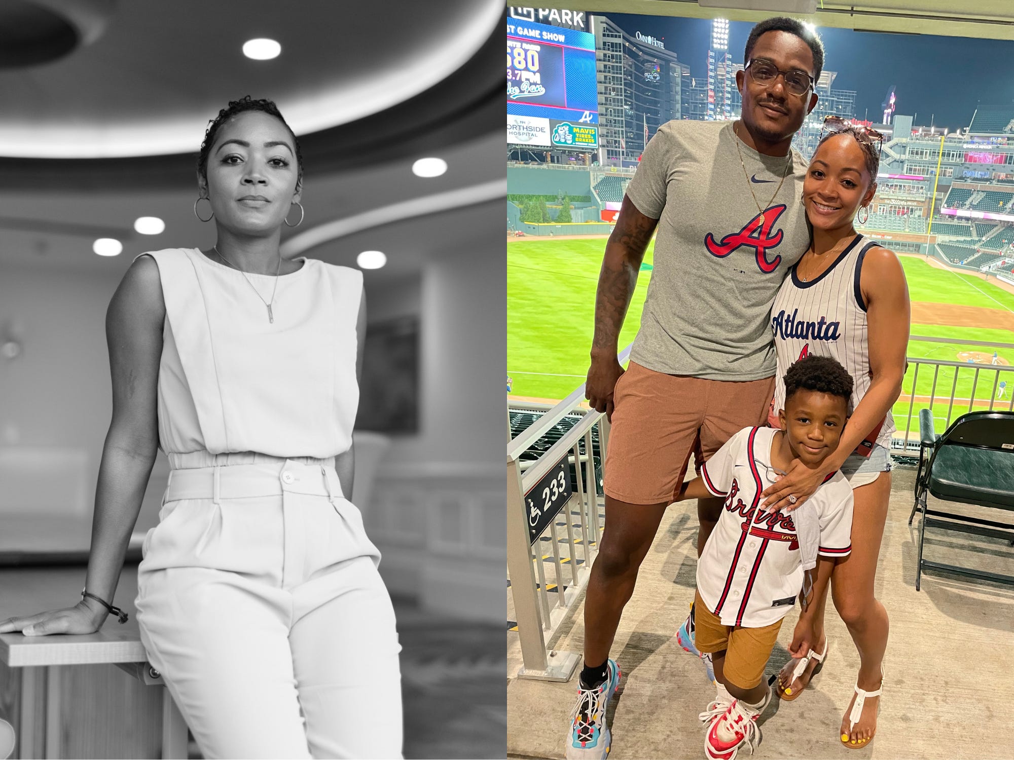 A composite image of Jenna Scott at work and with her family at a baseball game.