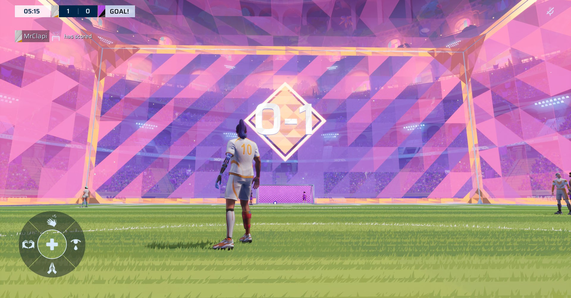 A Rematch screenshot showing the character on field and the score showing on the walls around the place.