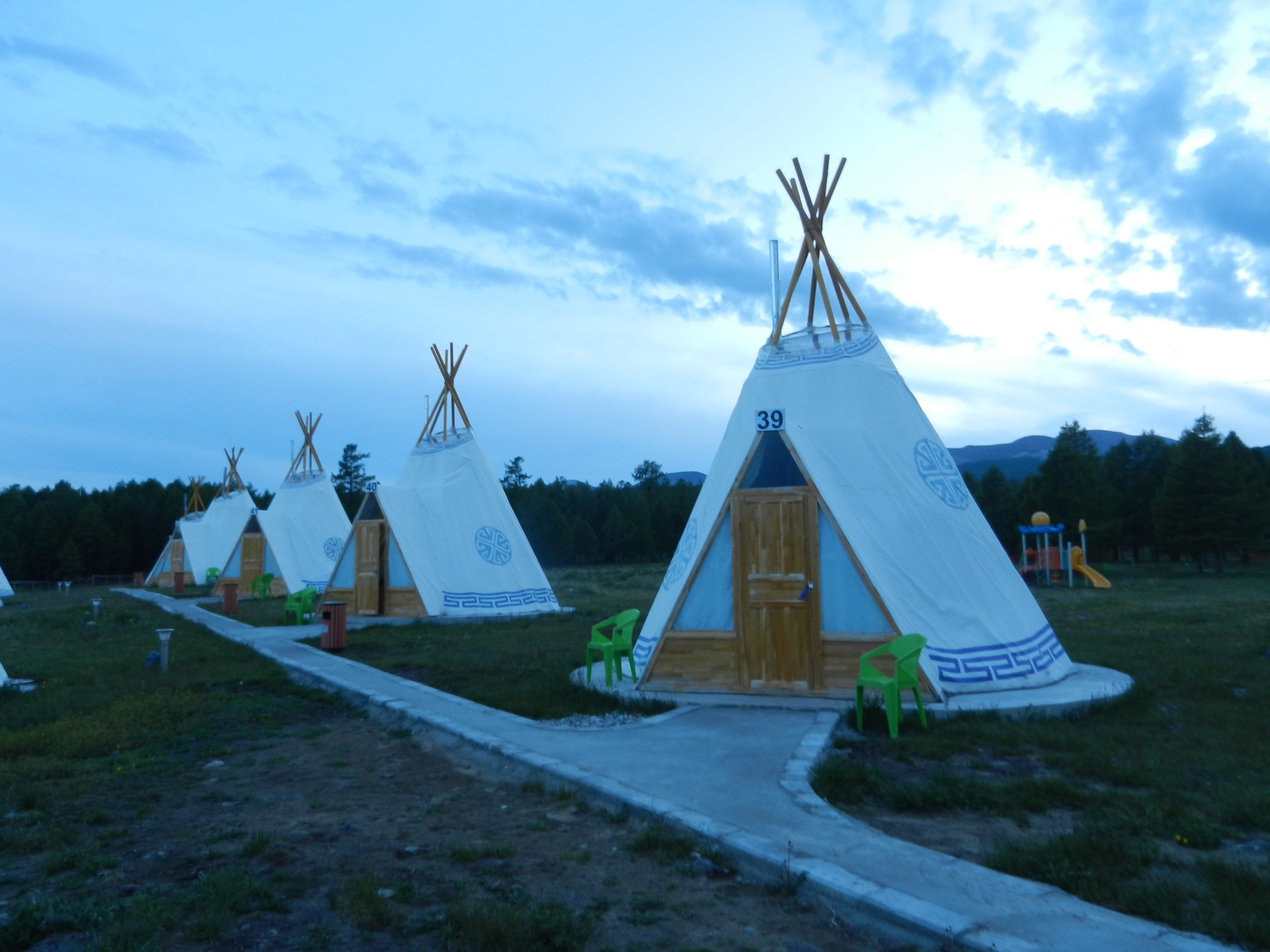 A row of gers, also known as yurts, in Mongolia.