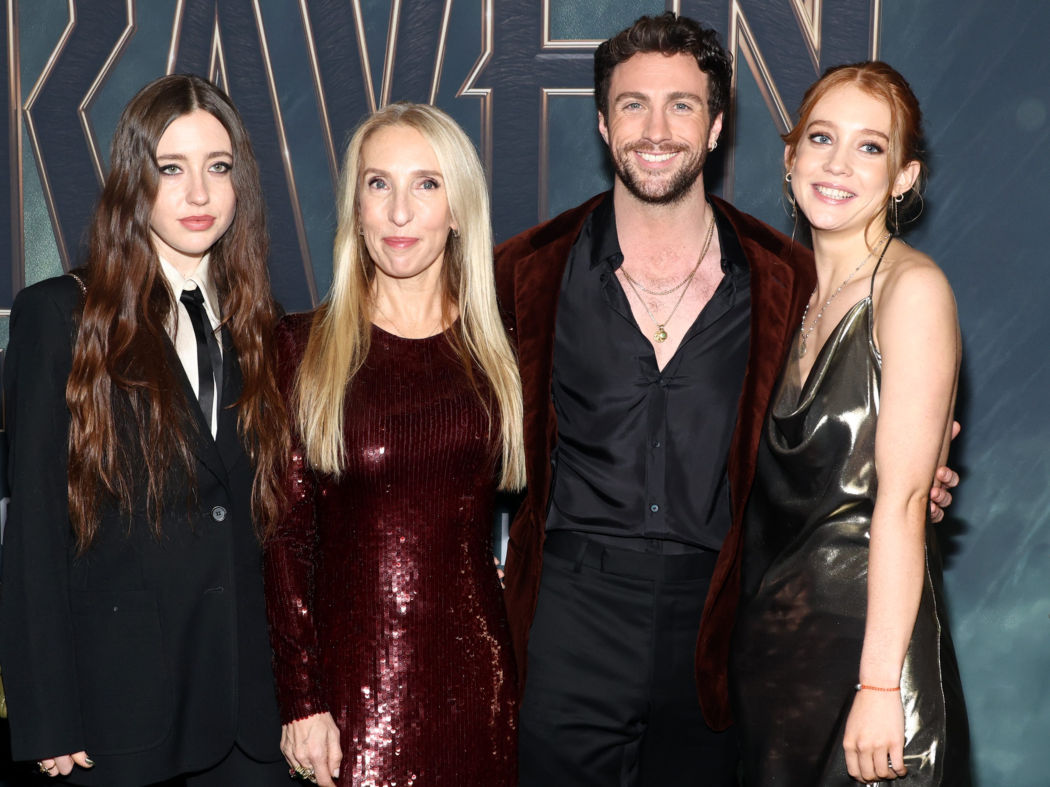 Angelica Jopling, Sam Taylor-Johnson, Aaron Taylor-Johnson, and Jessie Phoenix Jopling at the "Kraven the Hunter" world premiere in NYC.