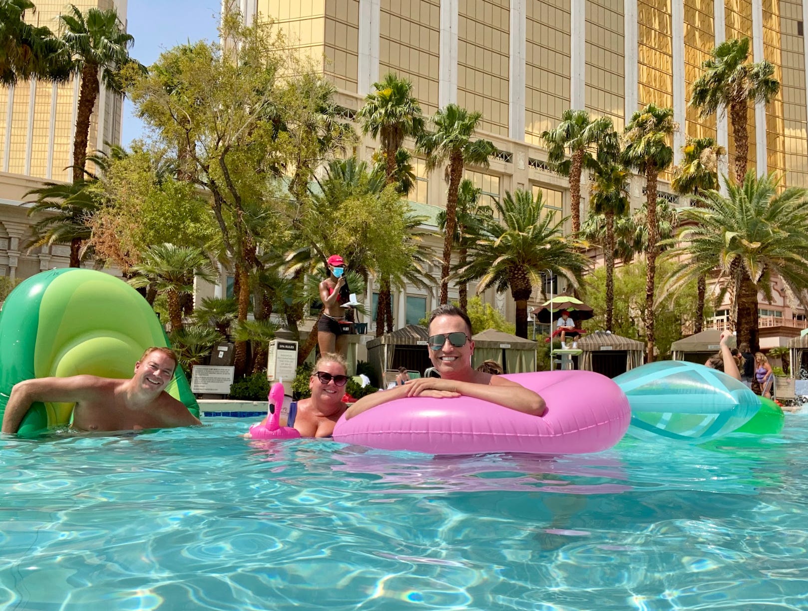 The writer and two other people in the pool at Mandalay Bay in Las Vegas.