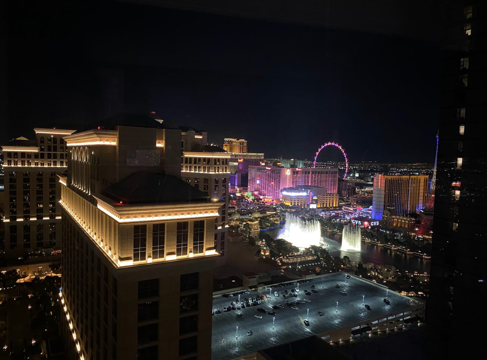 View of the Bellagio fountains from Vdara hotel in Las Vegas.