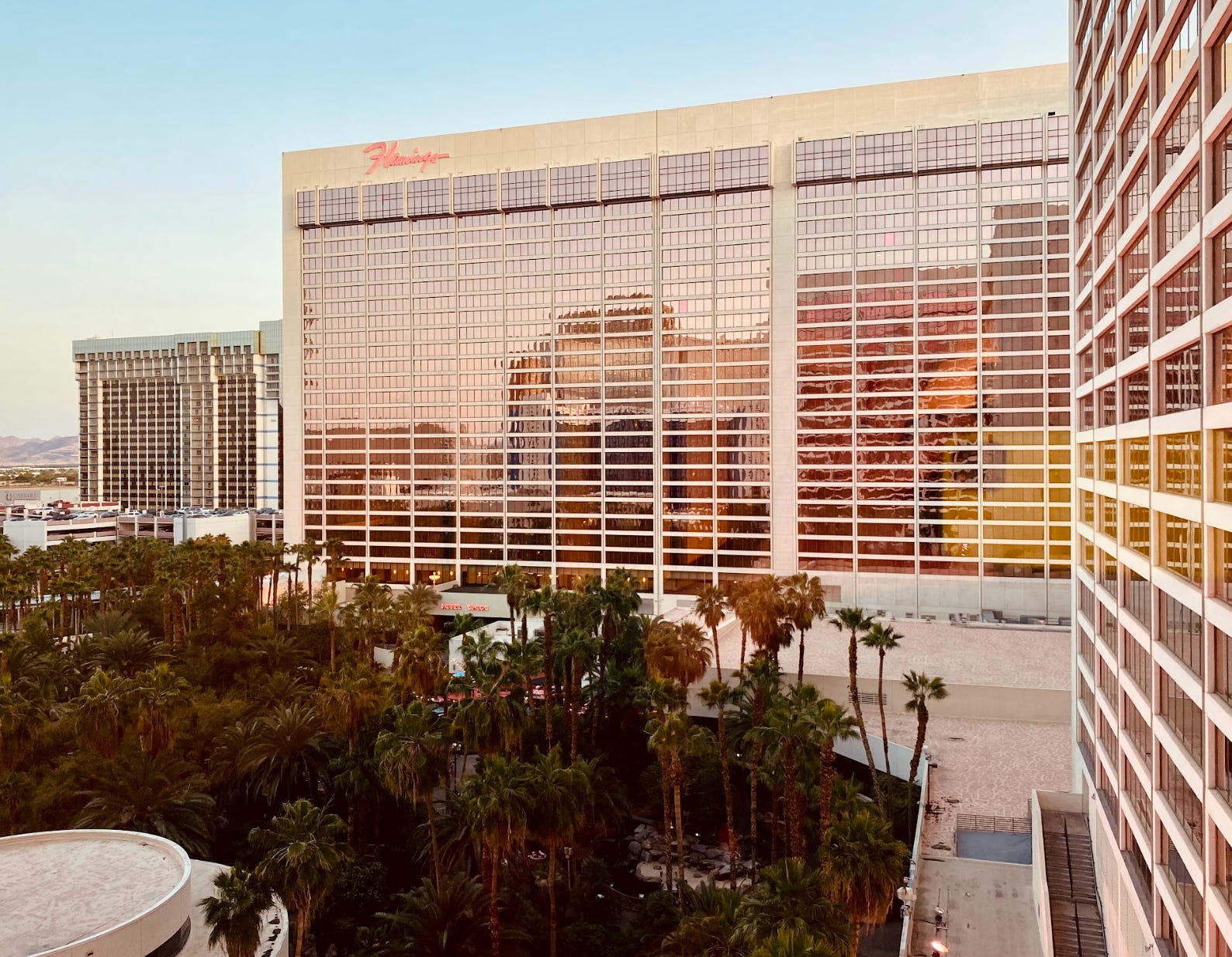 The exterior of the Flamingo hotel in Las Vegas.