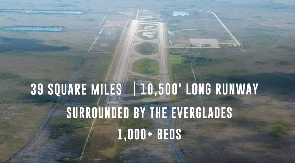 Aerial view of a 39-square-mile site with a 10,500-foot runway surrounded by the Everglades, featuring over 1,000 beds.