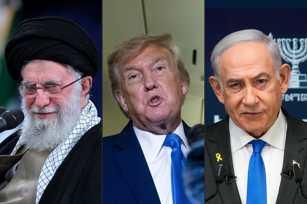 Combo photo of Ayatollah Ali Khamenei, Donald Trump, and Benjamin Netanyahu.