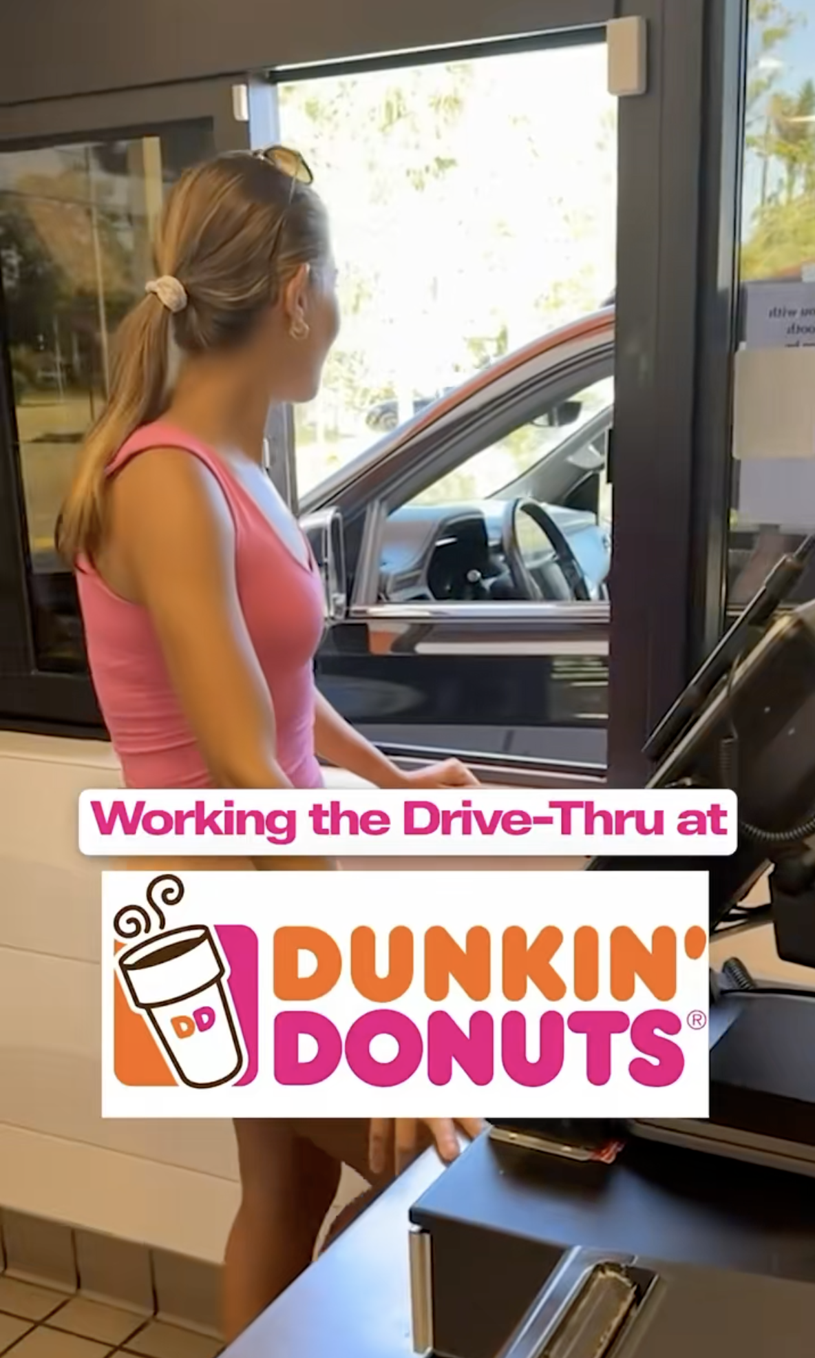 Kai Trump works a drive-thru in a tank top and skirt. 