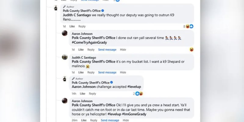 Facebook posts from Polk County Sheriff's Office involving criminal Aaron Johnson.