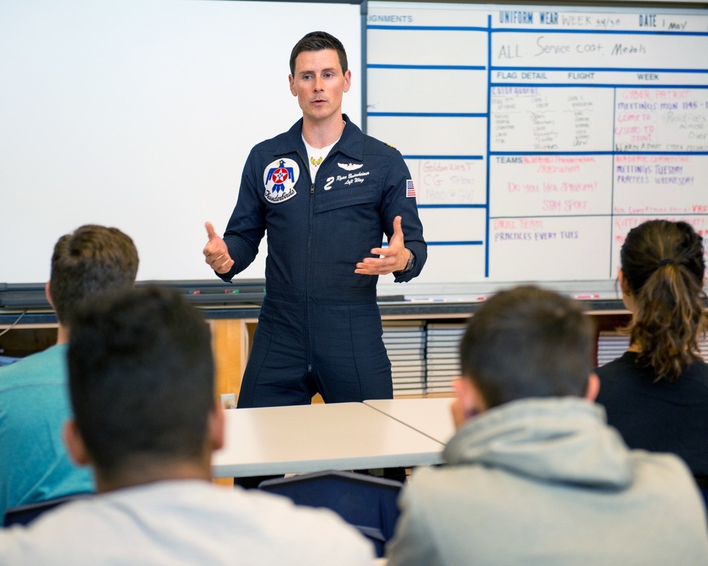 US Air Force Maj. Ryan Bodenheimer, United States Air Force Thunderbirds pilot #2 speaks with JROTC students at Vanden High School, Fairfield, Calif., May 5, 2017.