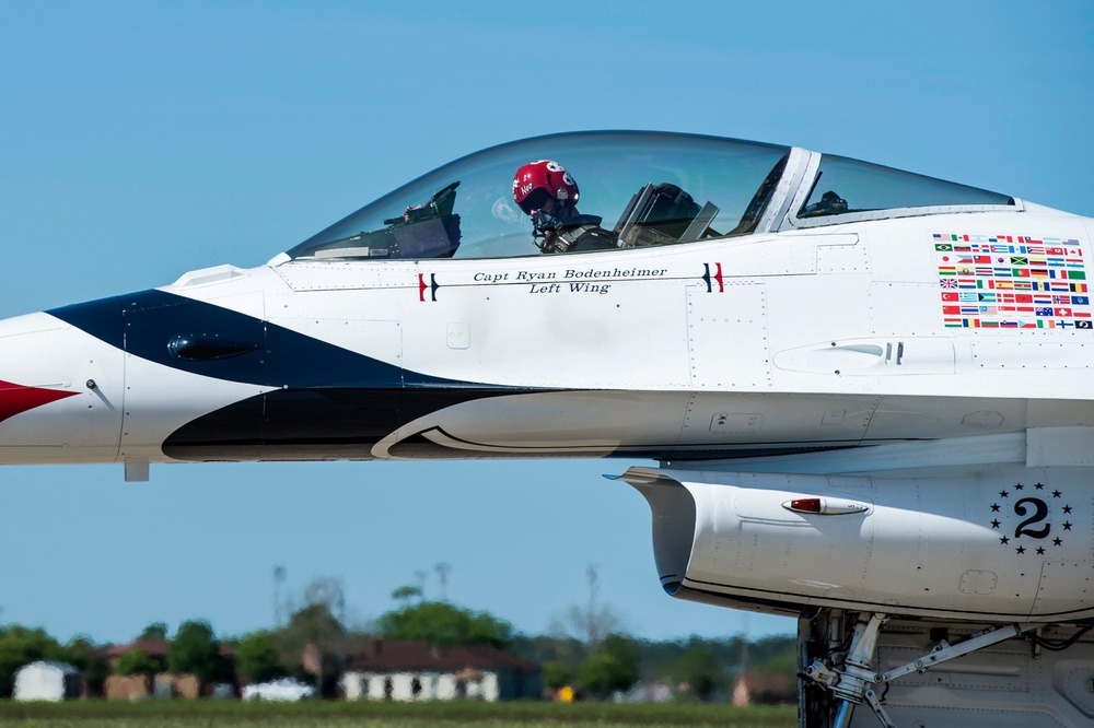 Bodenheimer maneuvers his F-16 Fighting Falcon on the flight line at Langley Air Force Base, Va., April 24, 2016. 